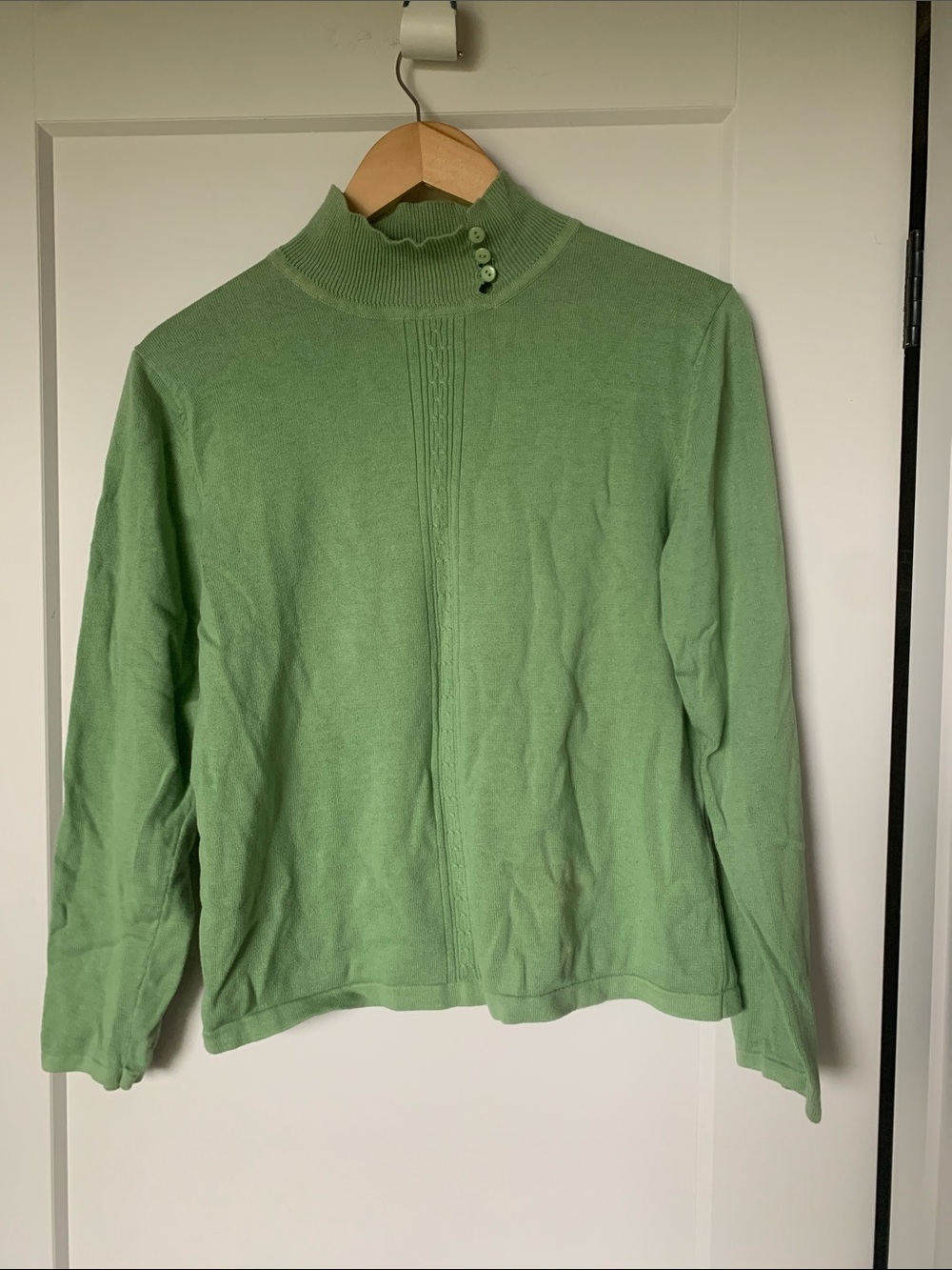 100% Cotton Women’s Apple Green Turtleneck Sweater with Button and Knit Detail